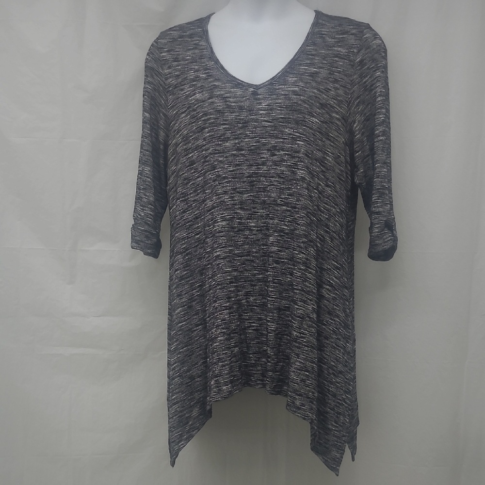 New Directions Plus Size 2X Black Gray Sharkbite Tunic Top V Neck Elbow Sleeve